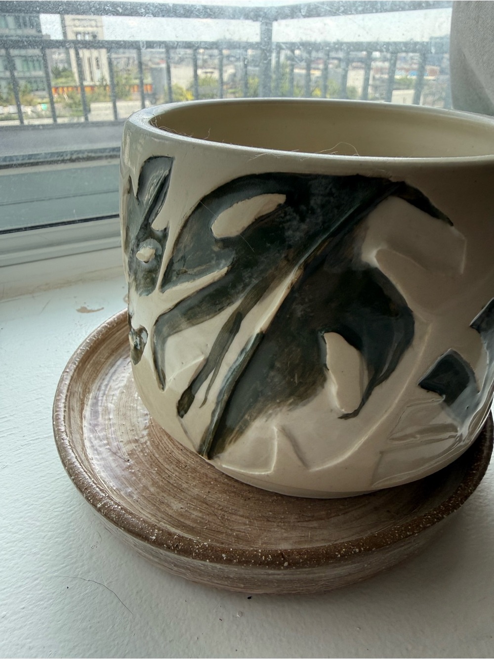 Handcrafted White Ceramic Planter with Dark Green Leaf Motif 5.5 inch diameter